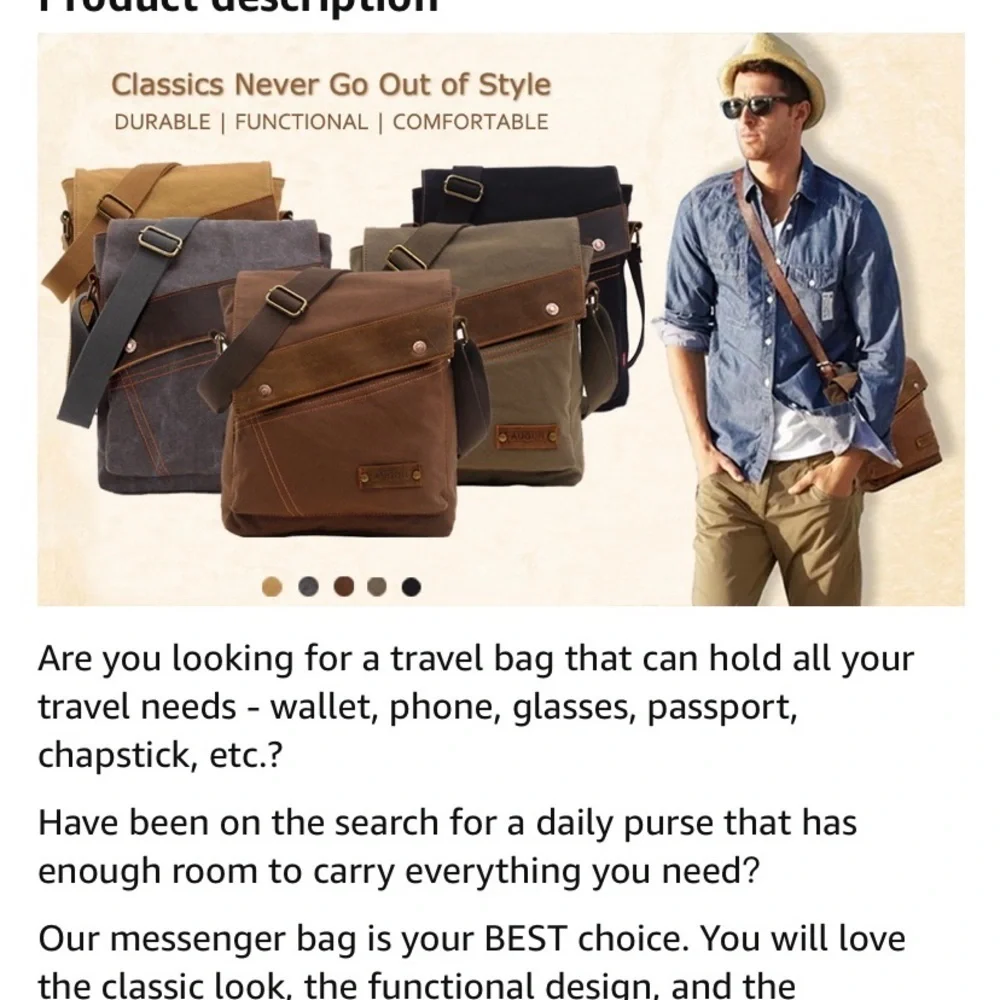 Augur Unisex Canvas & Leather Vintage Army Style Messenger Crossbody Bag